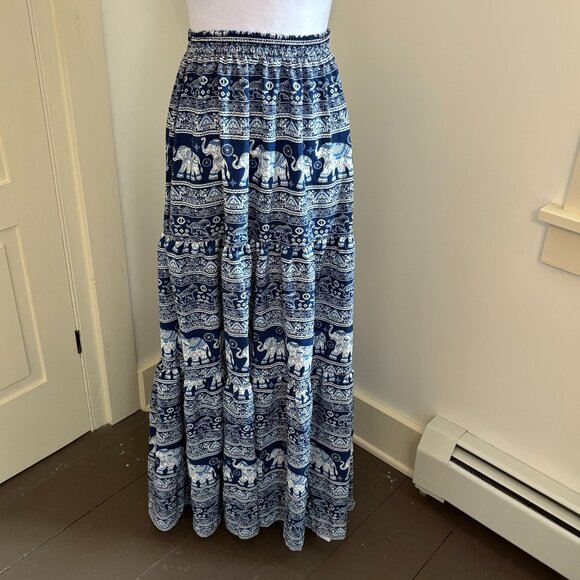 Cobalt Blue and White Elephant Print Maxi Skirt - Picture 1 of 9